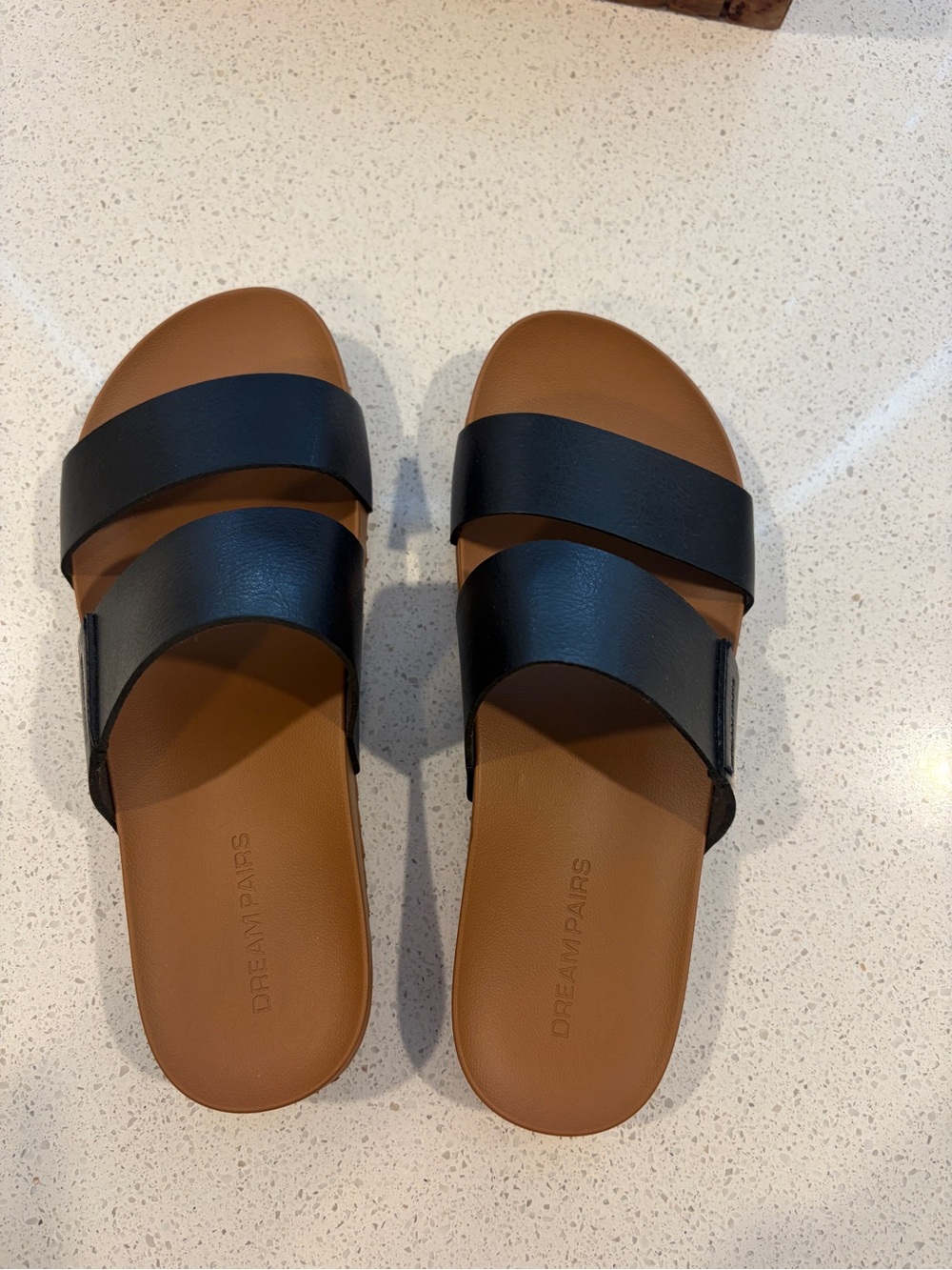Dream Pairs Black and Tan Double-Strap Slide Sandals